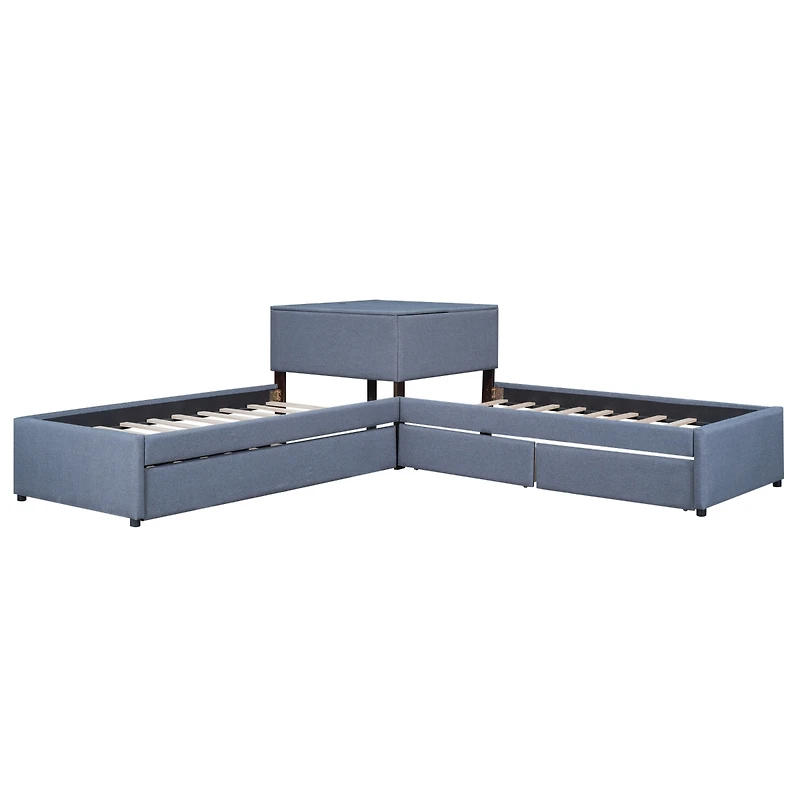 Simplie Fun L-Shaped Upholstered Platform Bed With Trundle And Two Drawers Linked With Built-In Desk