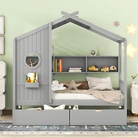 Streamdale Wooden Twin Size House Bed With 2 Drawers, Kids Bed With Storage Shelf