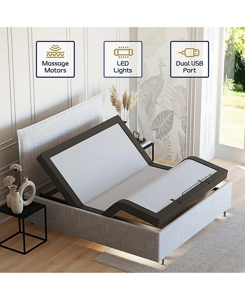 Clara Clark Adjustable Head & Foot Zero Gravity Massage Bed Base - with Wireless Remote, Usb Ports, Led Light - Queen