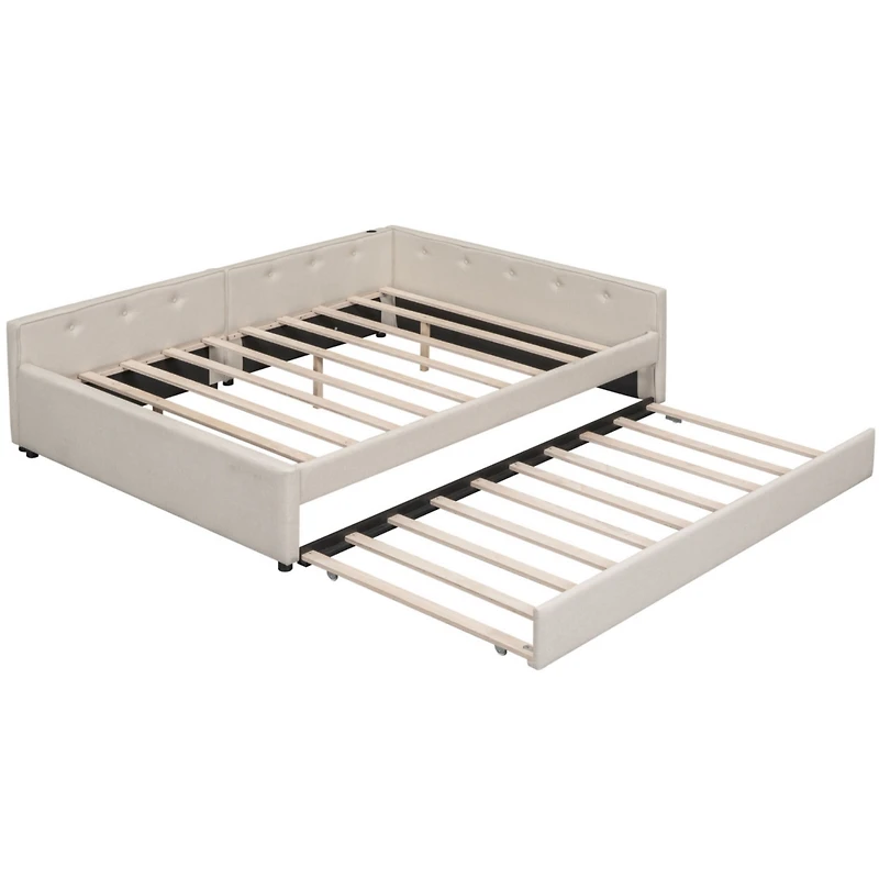 Simplie Fun Queen Size Upholstered Platform Bed With Usb And Twin Size Trundle