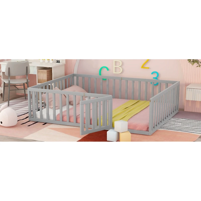 Streamdale Queen Wood Floor Bed Frame With Fence And Door
