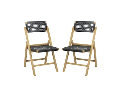 Slickblue Set of 2 Folding Chairs Indonesia Teak Wood Dining Chairs with Woven Rope Seat and Back