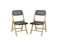 Slickblue Set of 2 Folding Chairs Indonesia Teak Wood Dining Chairs with Woven Rope Seat and Back