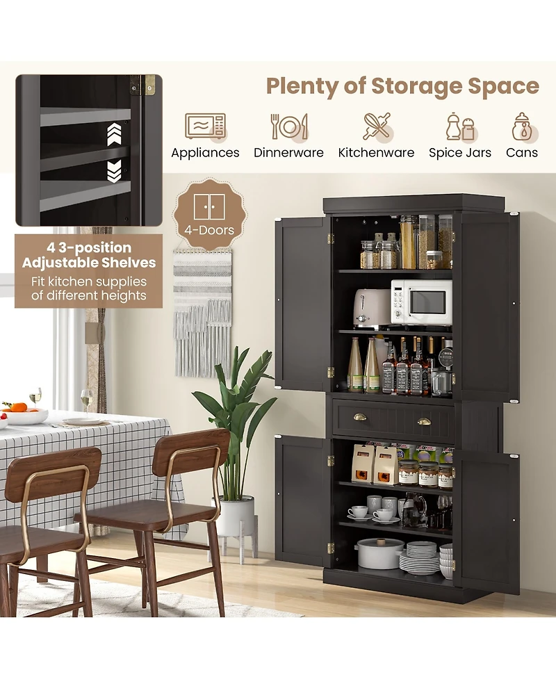 Gymax 72'' Kitchen Pantry Storage Cabinet Tall Freestanding Cupboard w/ 4 Doors Large Drawer Brown