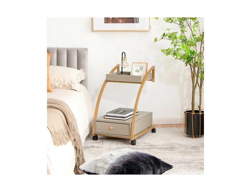 Modern 2-Tier Rolling End Table with Tray Top and Pull-Out Drawer-Grey