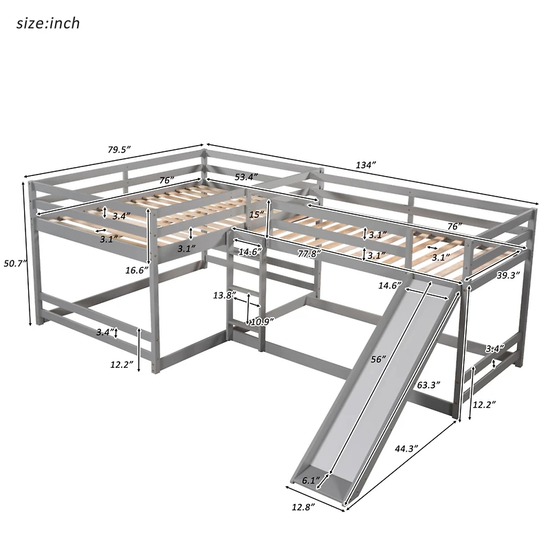 Streamdale Full And Twin L-Shaped Bunk Bed With Slide Short Ladder
