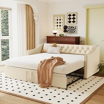Streamdale Twin Upholstered daybed with Pop Up Trundle, Beige