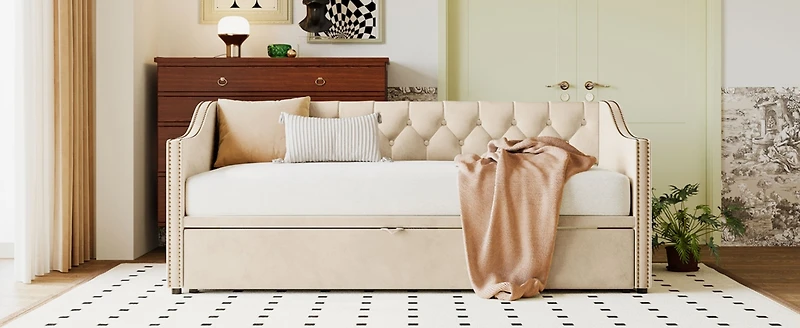 Streamdale Twin Upholstered daybed with Pop Up Trundle, Beige