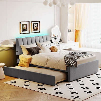 Streamdale Teddy Fleece Full Upholstered Platform Bed With Trundle, Beige