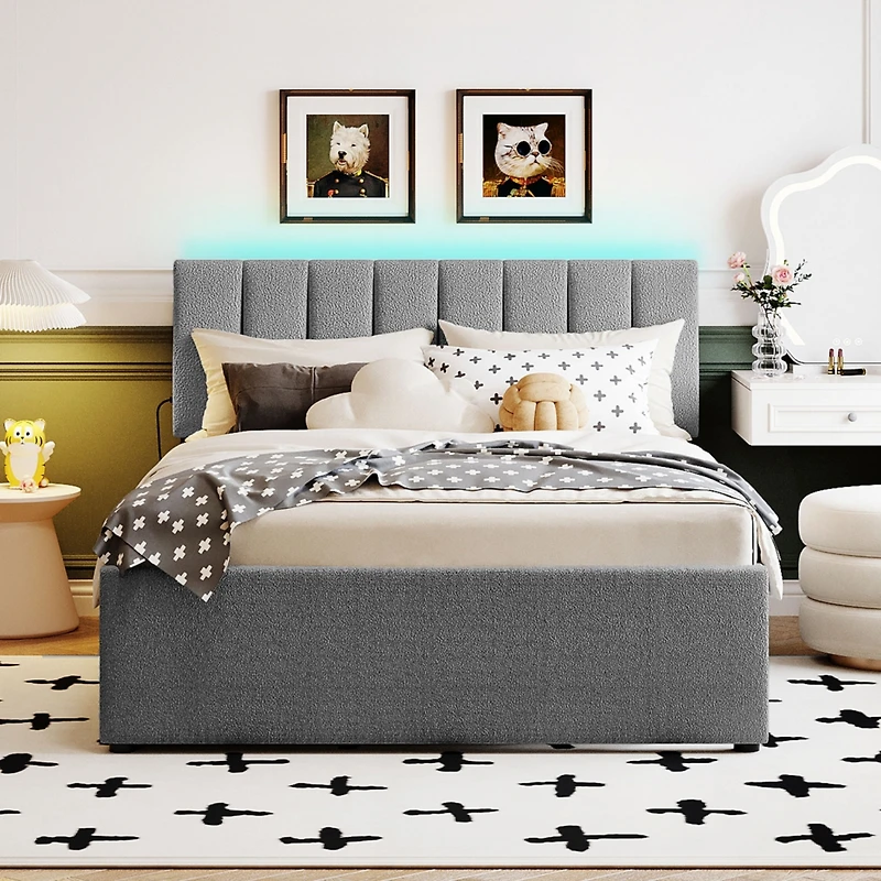 Streamdale Teddy Fleece Full Upholstered Platform Bed With Trundle, Beige