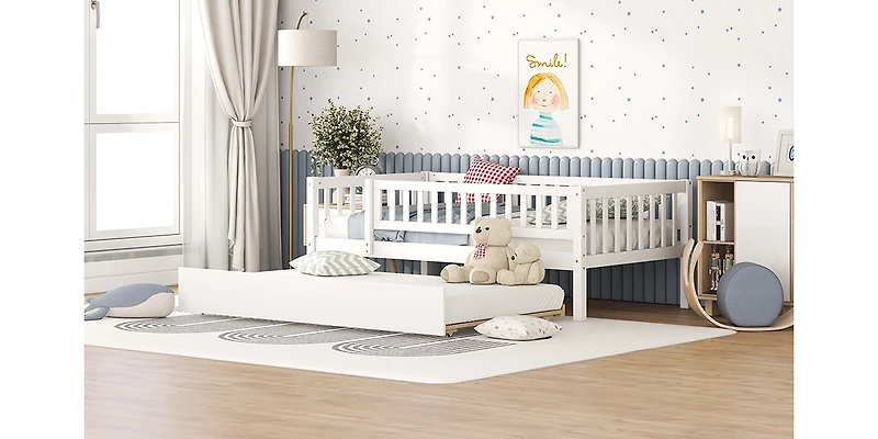 Streamdale Twin Size Wood Daybed With Trundle And Fence Guardrails