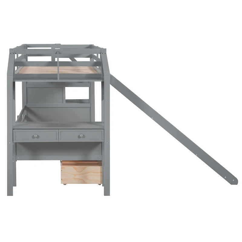 Streamdale White Twin Bunk Bed with Staircase, Slide, and Desk