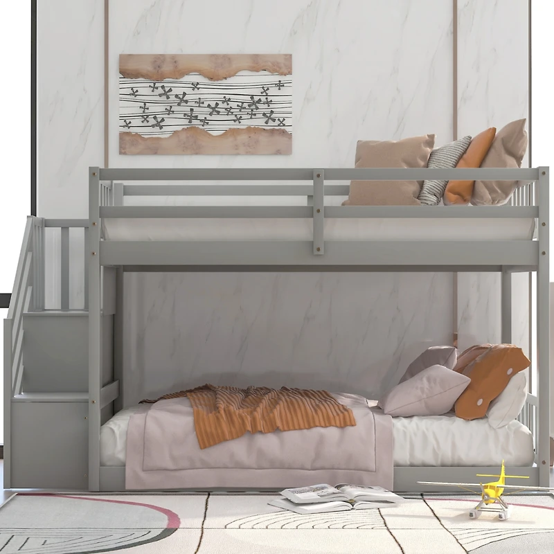 Streamdale Twin Over Twin Floor Bunk Bed, Ladder With Storage