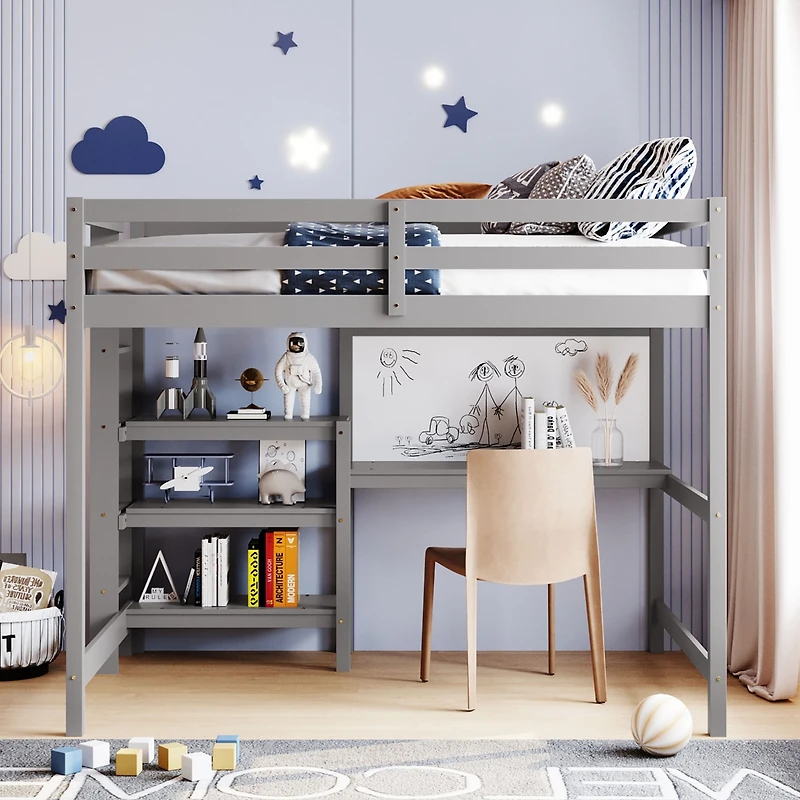 Streamdale Full Wooden Loft Bed With Shelves, Desk And Writing Board