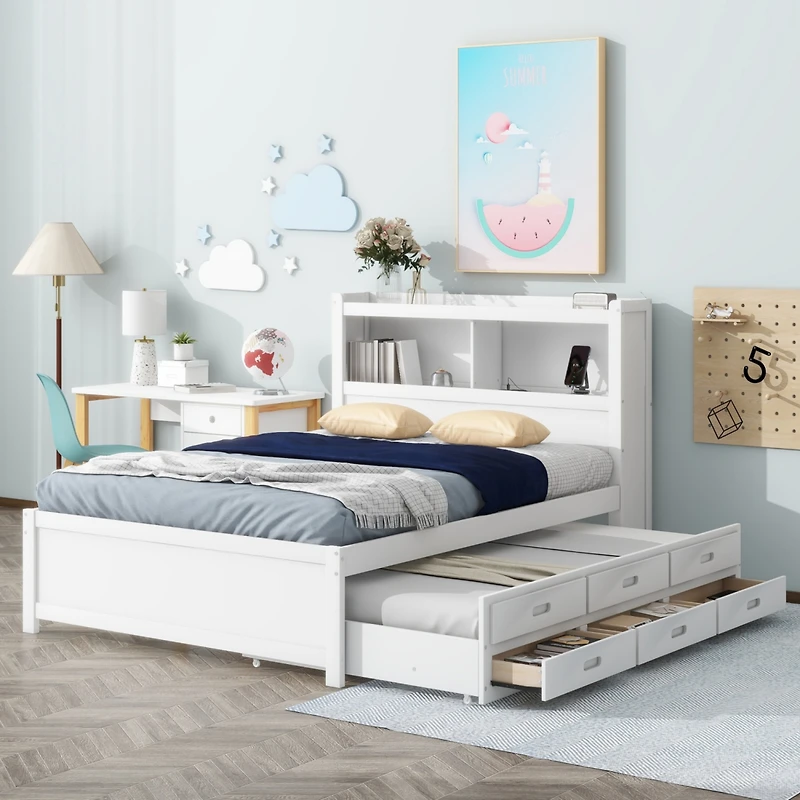 Streamdale Full Platform Bed With Trundle, Drawers And Usb Plugs, White