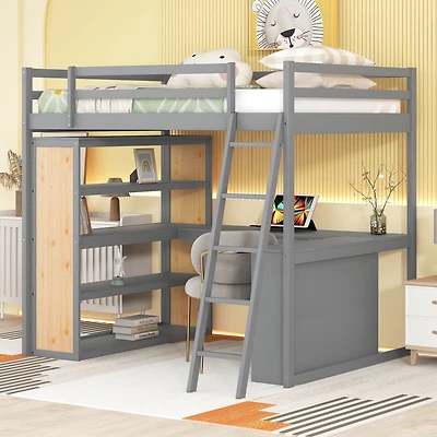 Streamdale Full Loft Bed With Ladder, Shelves, And Desk, White