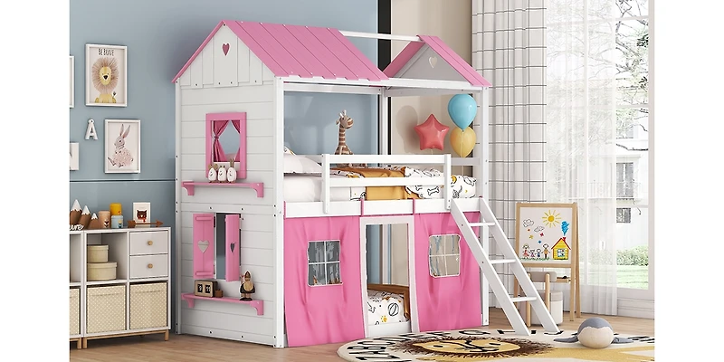 Streamdale Twin Bunk Wood House Bed With Elegant Windows, Sills And Tent