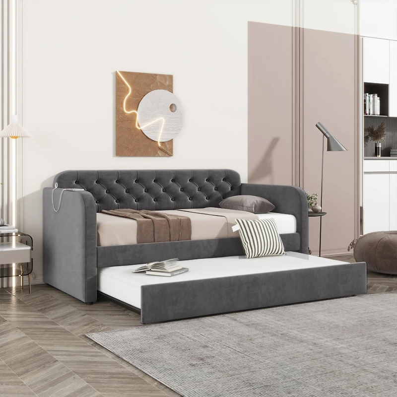 Velvet Upholstered Daybed with Trundle and Usb Charging