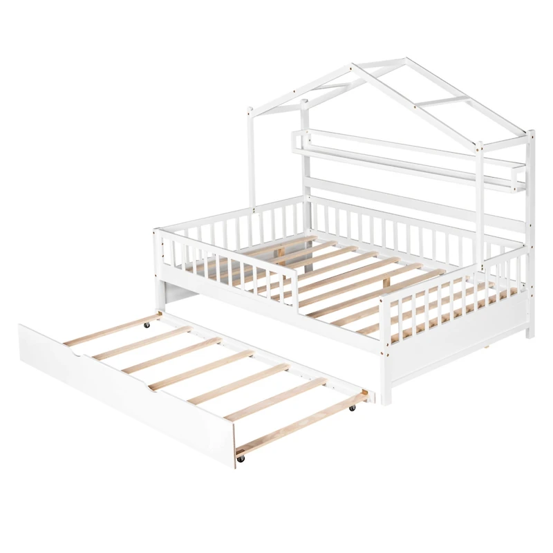Streamdale Twin-Size Trundle Kids Bed with Shelf, White