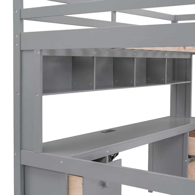 Full Size Loft Bed With Desk, Cabinets, Drawers And Bedside Tray, Charging Station