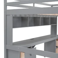 Full Size Loft Bed With Desk, Cabinets, Drawers And Bedside Tray, Charging Station