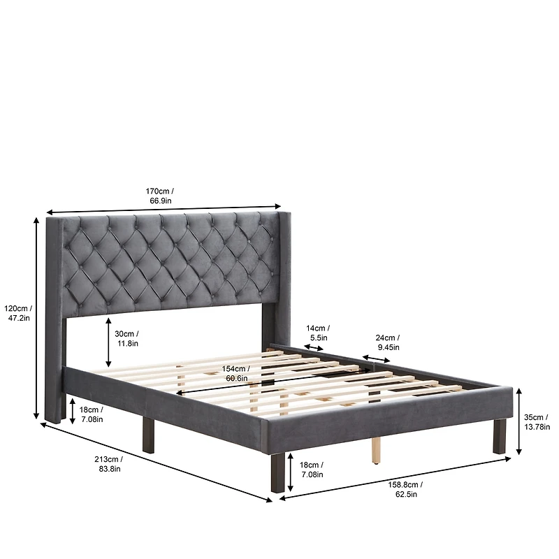 Simplie Fun Gray Velvet Winged Queen Platform Bed