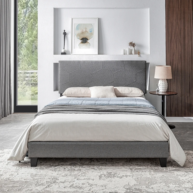 Streamdale Queen Platform Bed Frame, Wood Slat, Grey, Easy Assembly
