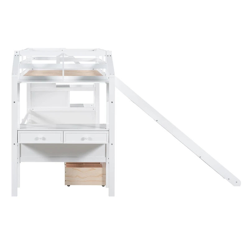 Streamdale White Twin Bunk Bed with Staircase, Slide, and Desk