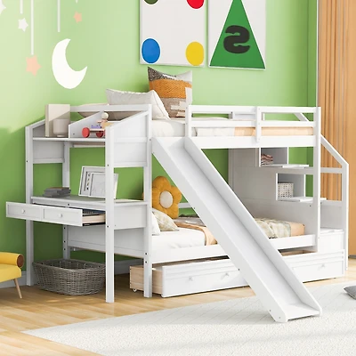 Streamdale White Twin Bunk Bed with Staircase, Slide, and Desk