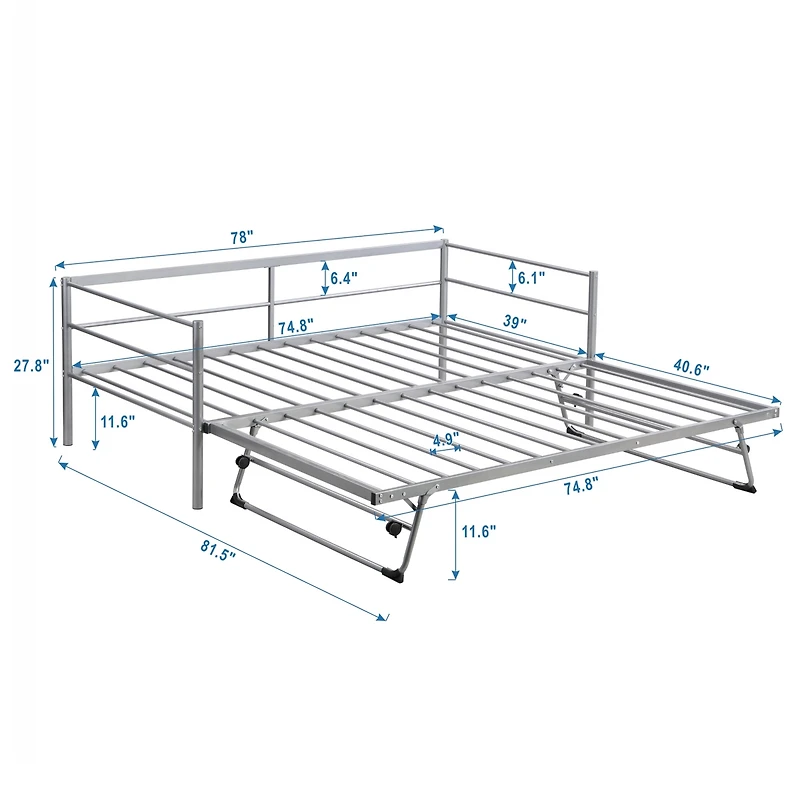 Streamdale Twin Size Metal Daybed With Adjustable Trundle, Pop Up Trundle, Silver