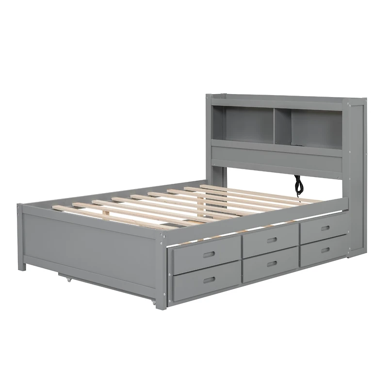 Streamdale Full Size Platform Bed With Trundle, Drawers And Usb Plugs, White