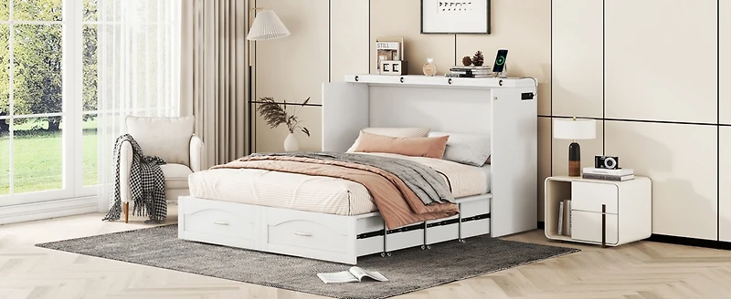 Streamdale Queen Size Wall Bed with Drawer and Charging Ports
