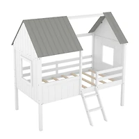 Streamdale Twin Size Low Loft Wood House Bed With Two Side Windows (White)