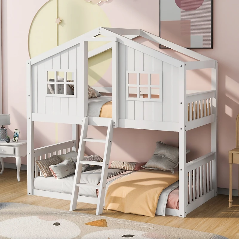 Streamdale Twin Over Twin House Bunk Bed With Ladder, Wood Bed