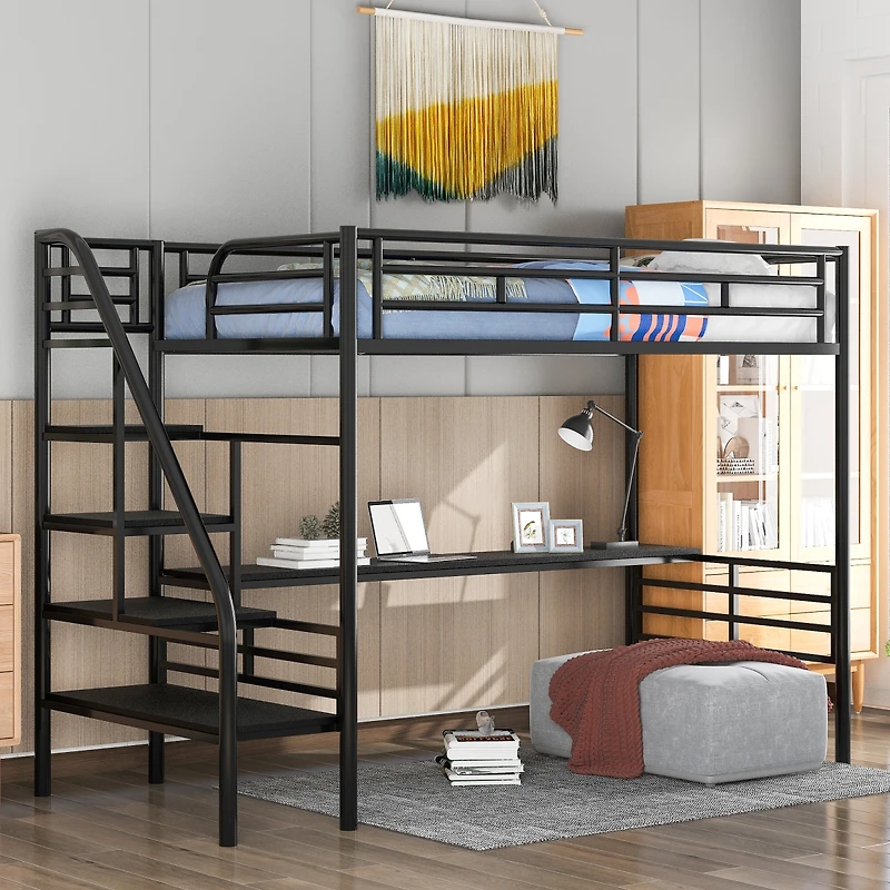 Simplie Fun Metal Loft Bed Frame With Desk, No Box Spring Needed, Twin