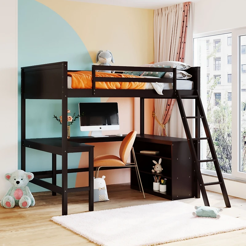Streamdale Full Loft Bed With Shelves And Desk, Wooden Desk