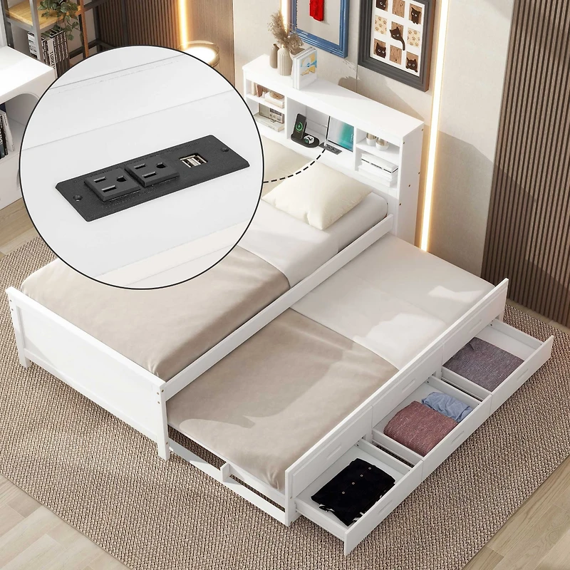 Streamdale Twin Bed with Storage Headboard, Trundle and Drawers