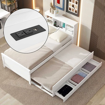 Streamdale Twin Bed with Storage Headboard, Trundle and Drawers