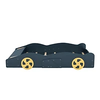 Streamdale Furniture Full Size Race Car-Shaped Platform Bed With Wheels And Storage, Dark Blue+Yellow
