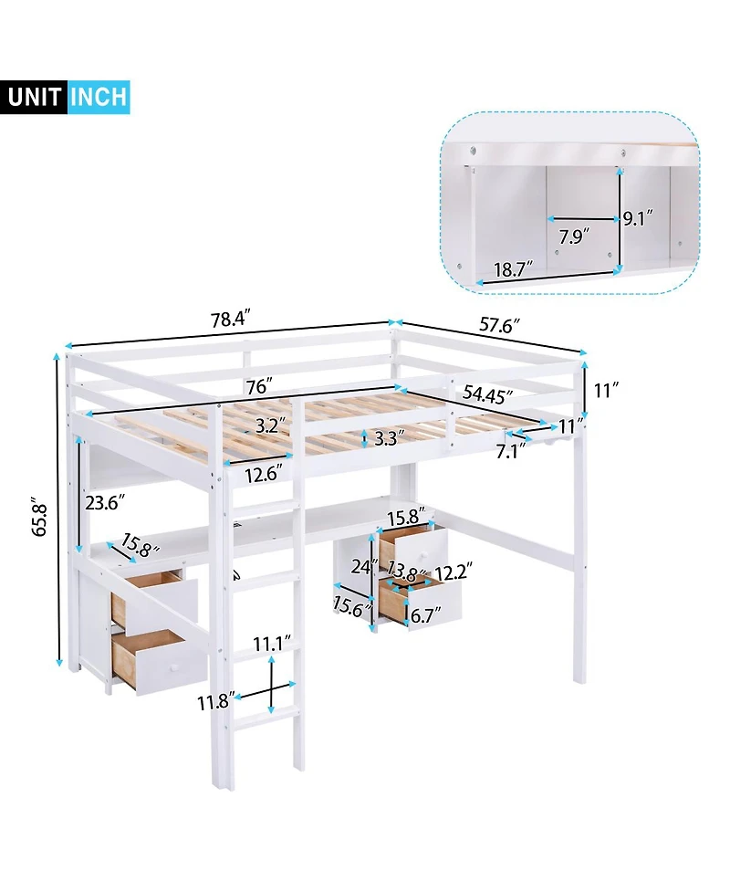 Simplie Fun Full Size Loft Bed With Desk, Cabinets, Drawers And Bedside Tray, Charging Station