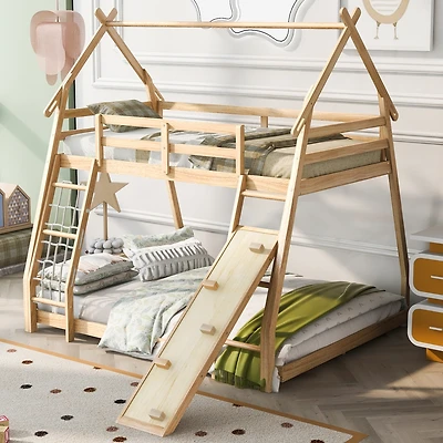 Streamdale Twin Over Queen House Bunk Bed With Climbing Nets And Ramp