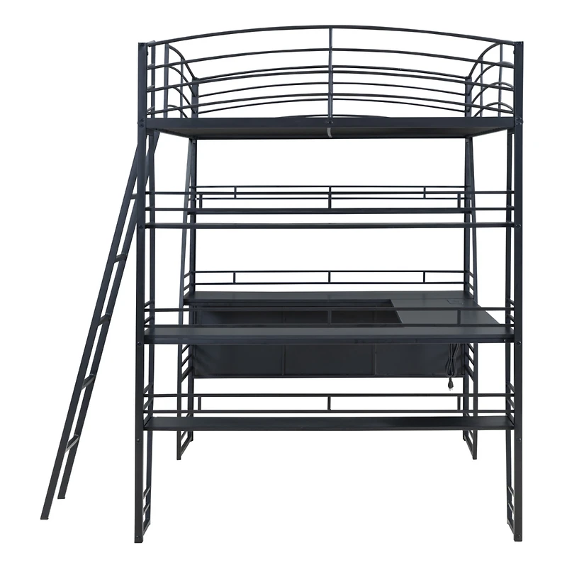 Streamdale Full Size Loft Bed with Shelves, L-Shaped Desk & Charging Ports