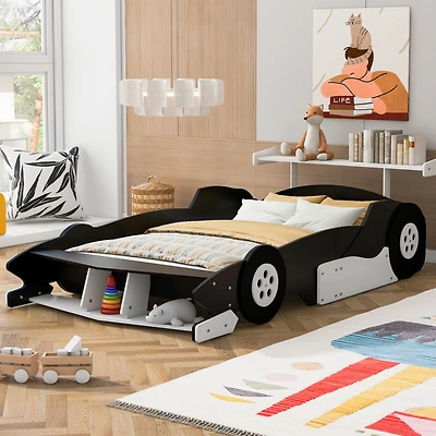 Simplie Fun Full Size Race Car-Shaped Platform Bed With Wheels