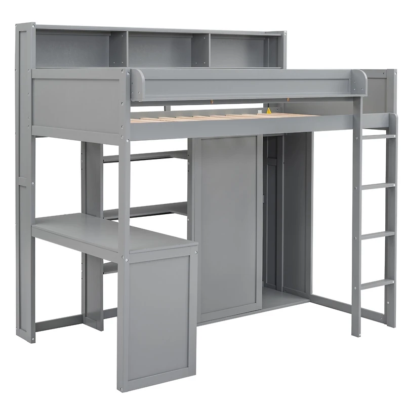 Streamdale Wood Twin Loft Bed With Multiple Storage Shelves And Wardrobe