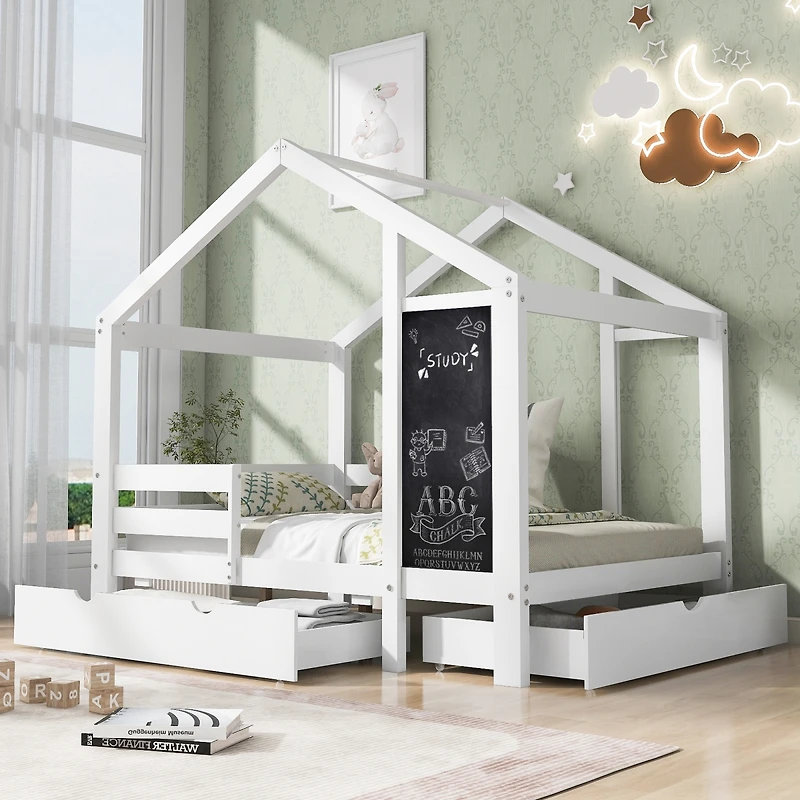Simplie Fun Twin House Bed With Blackboard And Drawers, Two Assembly Options, White