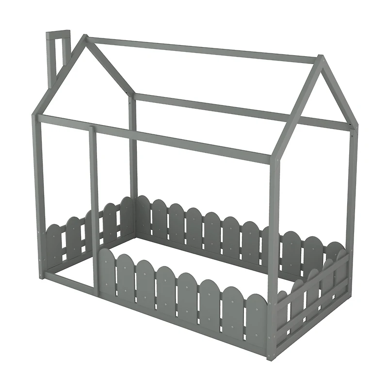 Streamdale Twin Wood Bed House Frame With Fence, For Kids, Teens, Girl