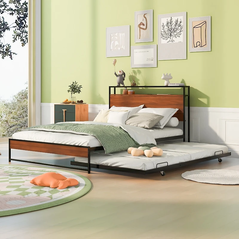 Streamdale Metal Platform Bed Frame w/ Trundle, Usb Ports