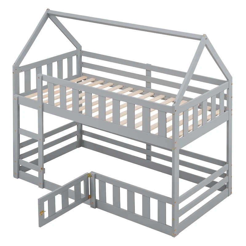 Streamdale Twin Over Twin House Bunk Bed With Fence And Door