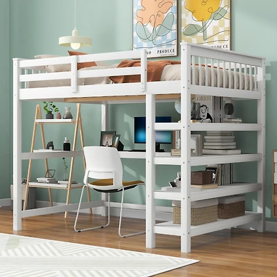 Simplie Fun Full Size Loft Bed With Storage Shelves And Under-Bed Desk