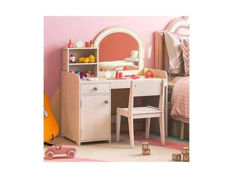 Slickblue Kids Vanity Table and Chair Set with Shelves Drawer Cabinet
